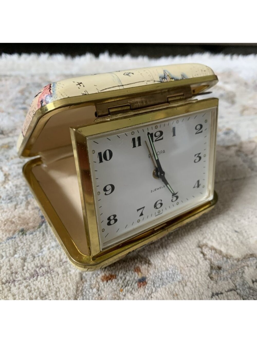Vintage Europa 2 Jewel German Made Folding Travel Alarm Clock World Map Globe